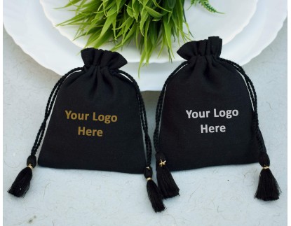 Black Eco-Friendly Drawstring Pouch, Small Cotton Bags, Cotton Drawstring Bags, Custom Logo Print