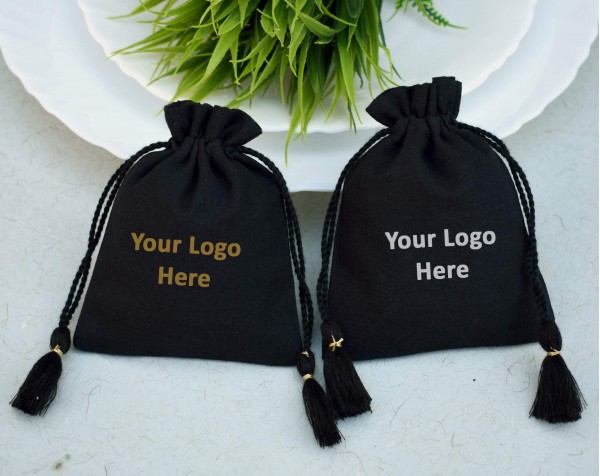 Black Eco Friendly Drawstring Pouch, Cotton Drawstring bag, Small Cotton Bag, Coin Purse, Jewelry Packaging With Logo