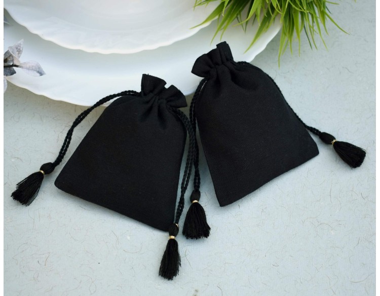 Black Eco-Friendly Drawstring Pouch, Small Cotton Bags, Cotton Drawstring Bags, Custom Logo Print