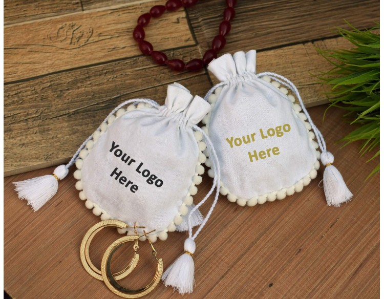 Round Pom Pom Cotton Drawstring Bag, Personalised Pouch With Custom Logo, Coin Pouch