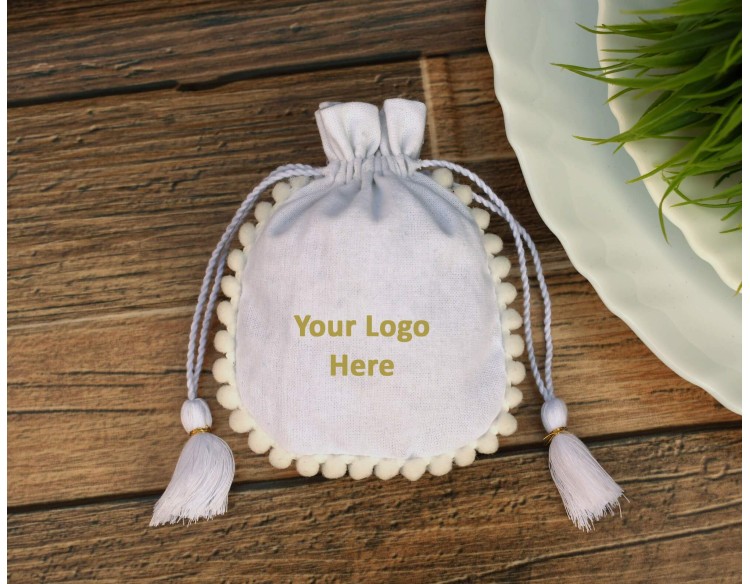 Round Pom Pom Cotton Drawstring Bag, Personalised Pouch With Custom Logo, Coin Pouch