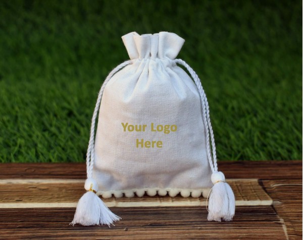 White Organic Cotton Wedding Favor Bags Jewelry Packaging Personalized Drawstring Pouches