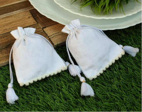 White Organic Cotton Wedding Favor Bags Jewelry Packaging Personalized Drawstring Pouches
