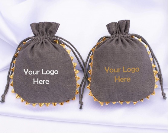 100 Designer Gray Custom Drawstring Jewelry Pouch, Cotton Pouch With Logo, Wedding Favor Bag