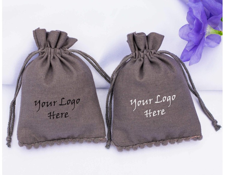 100 Gray Designer  Custom Logo Jewelry Pouch, Wedding Favor Bag, Cotton Drawstring Pouch, Bracelet Bag