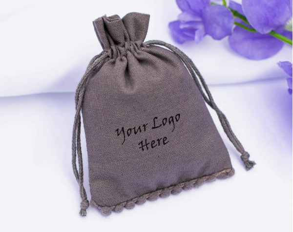 100 Gray Designer  Custom Logo Jewelry Pouch, Wedding Favor Bag, Cotton Drawstring Pouch, Bracelet Bag