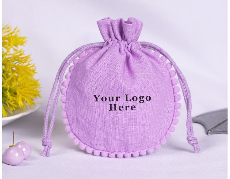 100 Purple Cotton Drawstring Pouches For Jewelry Packaging With Brand Logo Print, Designer Borders