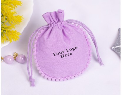 100 Purple Cotton Drawstring Pouches For Jewelry Packaging With Brand Logo Print, Designer Borders