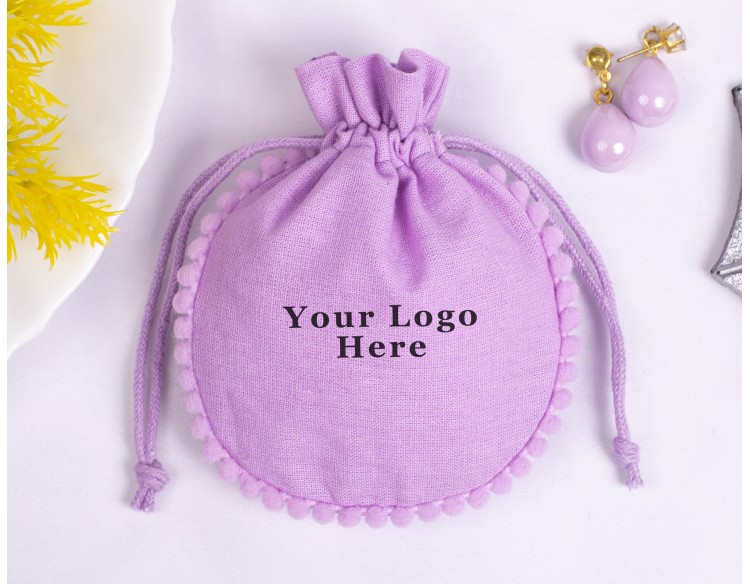 100 Purple Cotton Drawstring Pouches For Jewelry Packaging With Brand Logo Print, Designer Borders