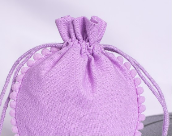 100 Purple Cotton Drawstring Pouches For Jewelry Packaging With Brand Logo Print, Designer Borders