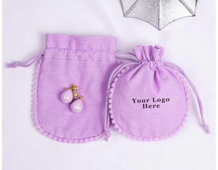 100 Purple Cotton Drawstring Pouches For Jewelry Packaging With Brand Logo Print, Designer Borders