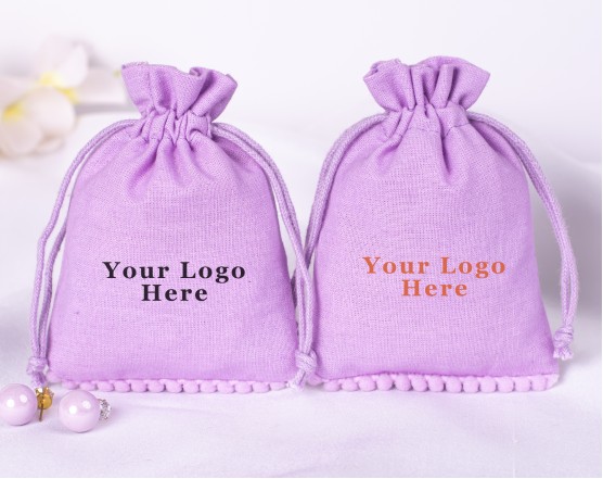  100 Purple Bottom PomPom Cotton Drawstring Pouches For Jewelry Packaging With Brand Logo Print 