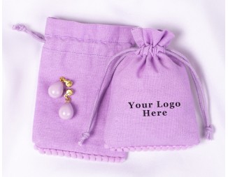 100 Purple Bottom PomPom Cotton Drawstring Pouches For Jewelry Packaging With Brand Logo Print, 100% Pure Designer Cotton Pouches