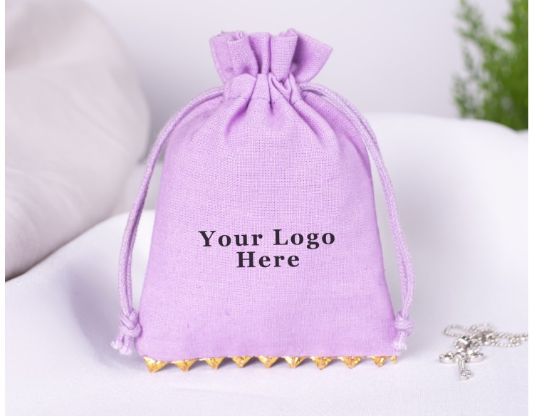 Purple Bottom Lace Cotton Drawstring Pouch For Jewelry Packaging With Brand Logo Print 