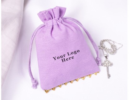 Purple Bottom Lace Cotton Drawstring Pouch For Jewelry Packaging With Brand Logo Print 