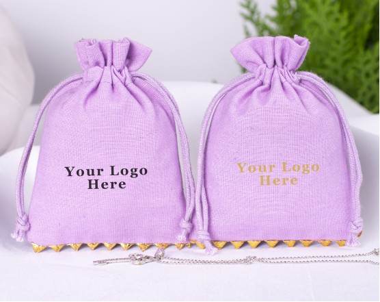  100 Purple Bottom Lace Cotton Drawstring Pouches For Jewelry Packaging With Brand Logo Print 