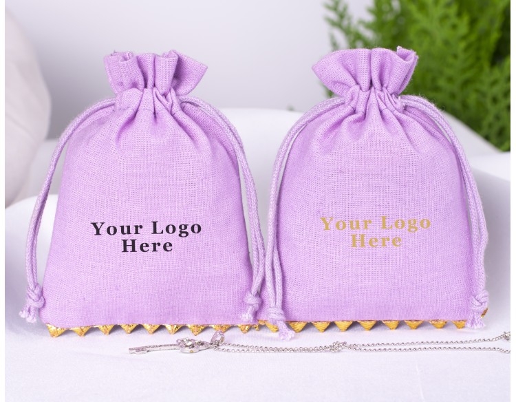 Purple Bottom Lace Cotton Drawstring Pouch For Jewelry Packaging With Brand Logo Print 