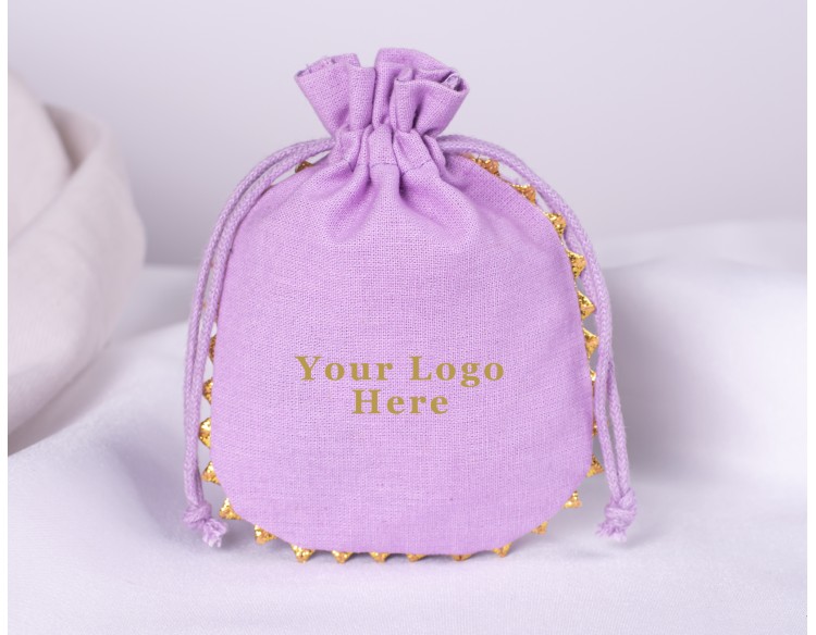 100 Designer Light Purple Round Lace Custom Drawstring Jewelry Pouch, Cotton Pouch With Logo, Wedding Favor Bag