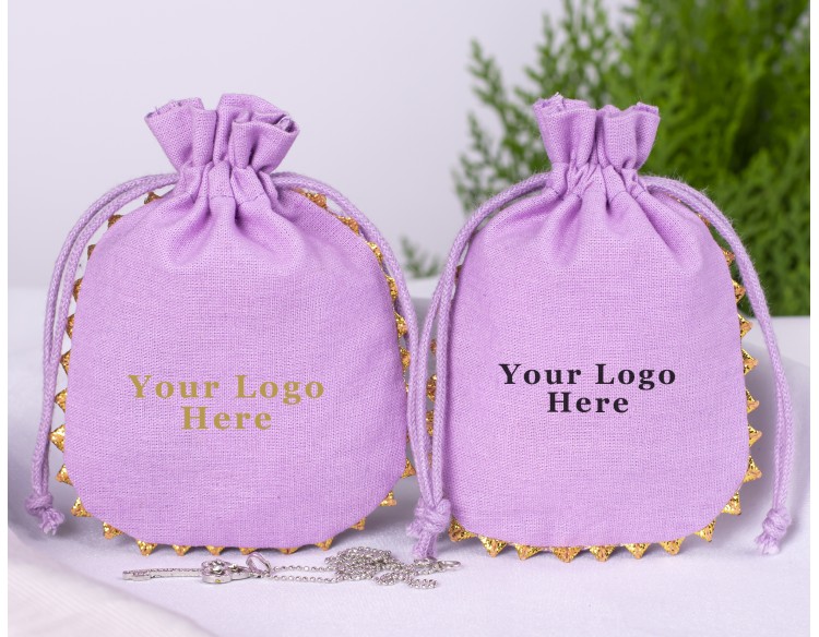 100 Designer Light Purple Round Lace Custom Drawstring Jewelry Pouch, Cotton Pouch With Logo, Wedding Favor Bag