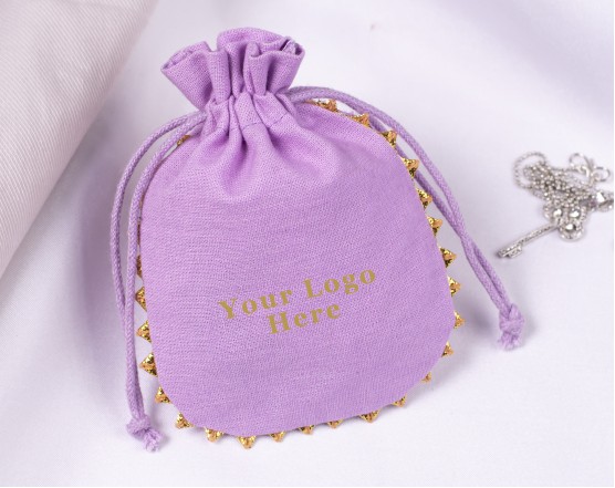 100 Designer Light Purple Round Lace Custom Drawstring Jewelry Pouch, Cotton Pouch With Logo, Wedding Favor Bag
