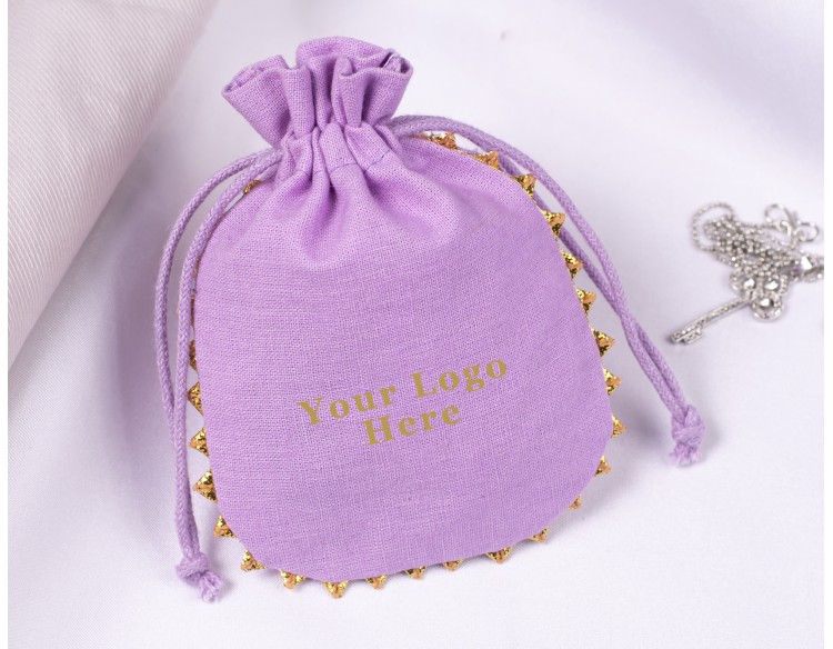 100 Designer Light Purple Round Lace Custom Drawstring Jewelry Pouch, Cotton Pouch With Logo, Wedding Favor Bag