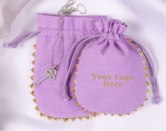 100 Designer Light Purple Round Lace Custom Drawstring Jewelry Pouch, Cotton Pouch With Logo, Wedding Favor Bag