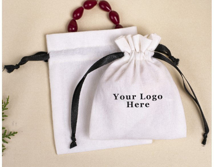 White Custom Jewelry Drawstring Pouches, Wedding Favor Bags, Gift Packaging