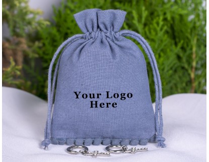 100 Designer Bluish Gray Bottom PomPom Jewelry Packaging Pouch, Custom Wedding Favor Bags (Designer, BG181)
