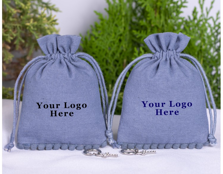 100 Designer Bluish Gray Bottom PomPom Jewelry Packaging Pouch, Custom Wedding Favor Bags (Designer, BG181)