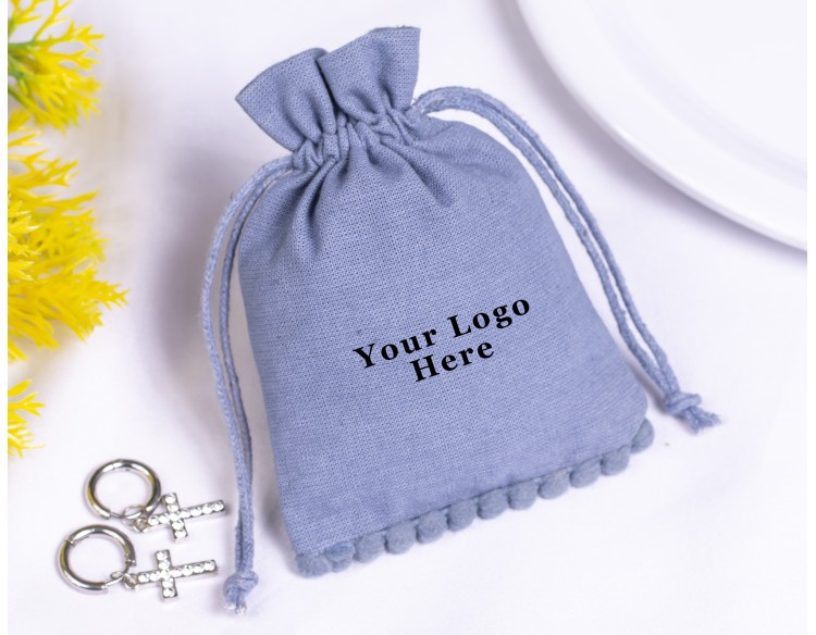 100 Designer Bluish Gray Bottom PomPom Jewelry Packaging Pouch, Custom Wedding Favor Bags (Designer, BG181)