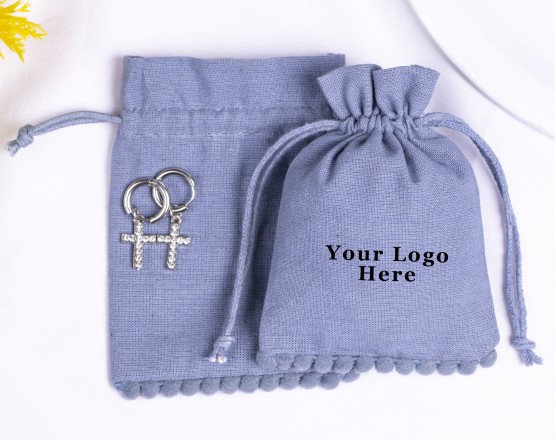 100 Designer Bluish Gray Bottom PomPom Jewelry Packaging Pouch, Custom Wedding Favor Bags (Designer, BG181)