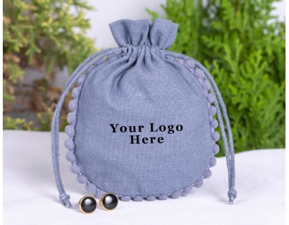 100 Bluish Gray Cotton Drawstring Jewelry Pouches With Brand Logo Print, Designer Borders