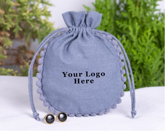100 Bluish Gray Cotton Drawstring Pouches For Jewelry Packaging With Brand Logo Print, Designer Borders