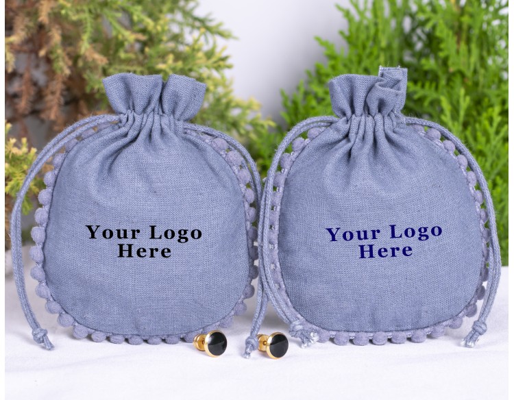 100 Bluish Gray Cotton Drawstring Jewelry Pouches With Brand Logo Print, Designer Borders