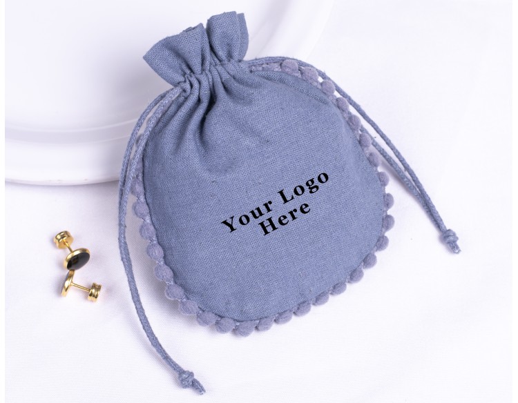 100 Bluish Gray Cotton Drawstring Jewelry Pouches With Brand Logo Print, Designer Borders