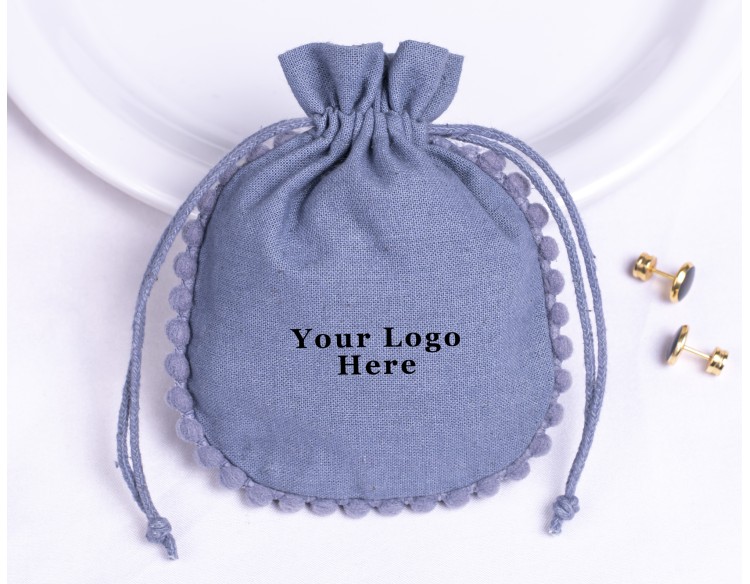 100 Bluish Gray Cotton Drawstring Jewelry Pouches With Brand Logo Print, Designer Borders