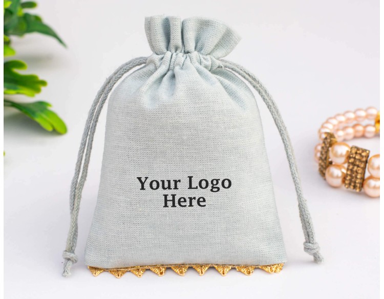 Set of 100 Designer Gray Custom Jewelry Bag| Drawstring Pouch With Logo (Designer, BG150)