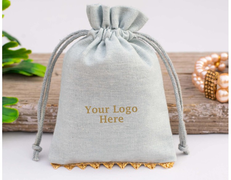 Set of 100 Designer Gray Custom Jewelry Bag| Drawstring Pouch With Logo (Designer, BG150)