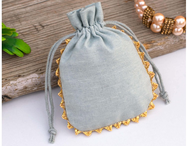Set of 100  Designer Gray Custom  Drawstring Cotton Pouch With Designer Borders(Designer, BG151)