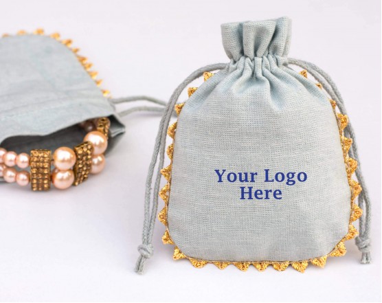 Set of 100 Custom Jewelry Packaging Bag Custom Drawstring Cotton Pouch With Designer Borders(Designer, BG151)