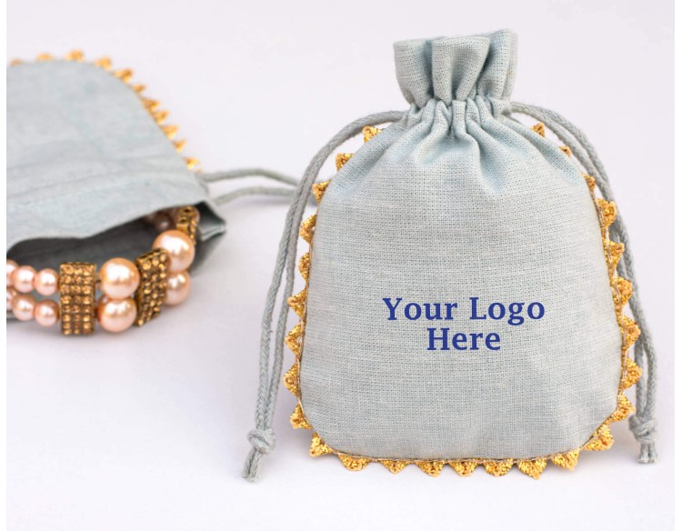 Set of 100  Designer Gray Custom  Drawstring Cotton Pouch With Designer Borders(Designer, BG151)