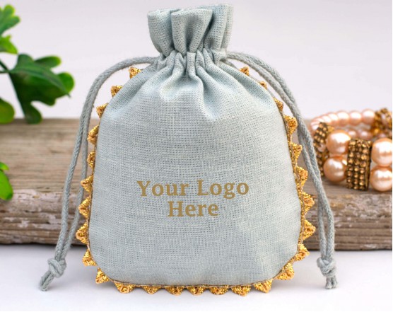 Set of 100 Custom Jewelry Packaging Bag Custom Drawstring Cotton Pouch With Designer Borders(Designer, BG151)