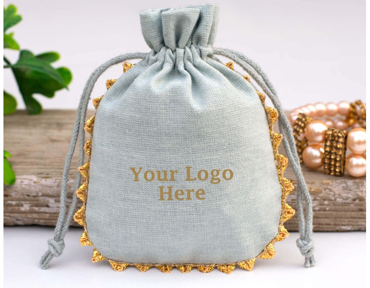 Set of 100  Designer Gray Custom  Drawstring Cotton Pouch With Designer Borders(Designer, BG151)