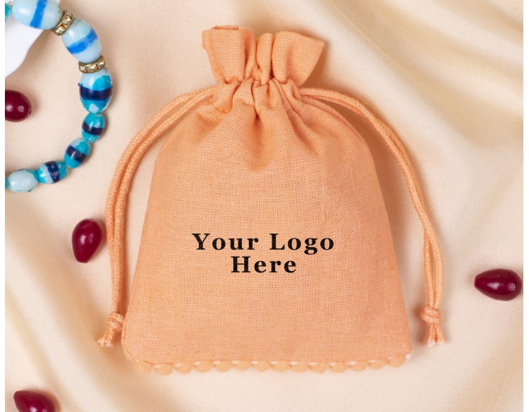 100 Light Orange Bottom Lace Cotton Jewelry Drawstring Pouch For Packaging With Brand Logo Print