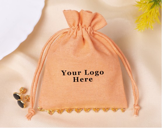 100 Light Orange Bottom Lace Cotton Drawstring Pouches For Jewelry Packaging With Brand Logo Print 