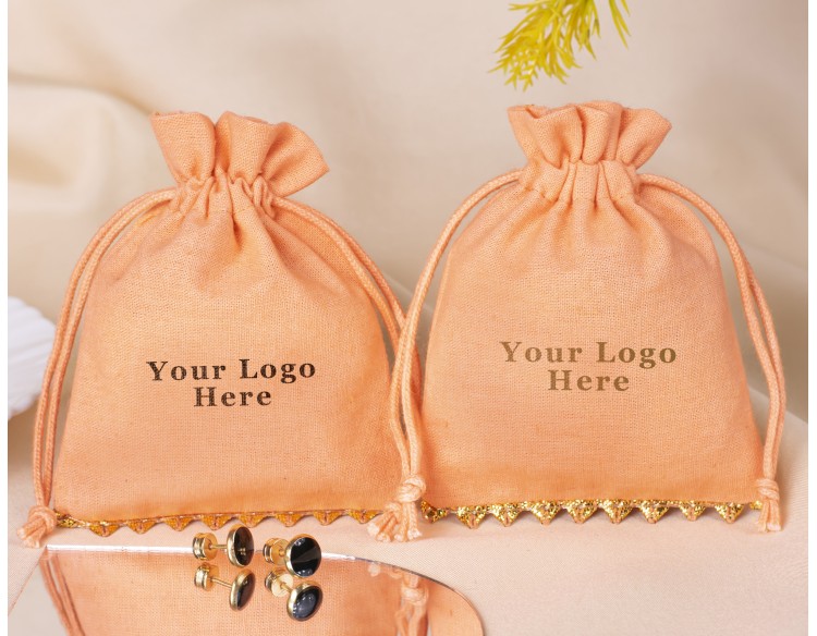 100 Light Orange Bottom Lace Cotton Jewelry Drawstring Pouch For Packaging With Brand Logo Print