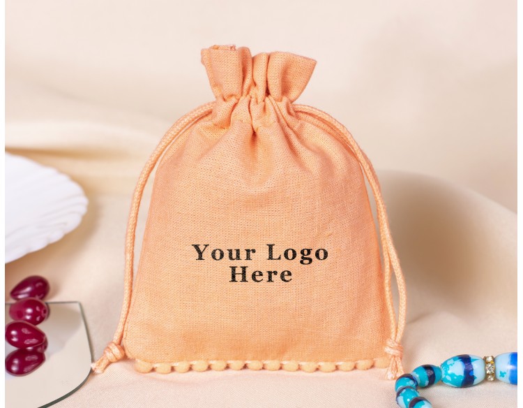  100 Light Orange Bottom PomPom Cotton Drawstring Pouches For Jewelry Packaging With Brand Logo Print 
