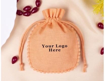 100 Light Orange Round PomPom Cotton Drawstring Pouches For Jewelry Packaging With Brand Logo Print, Designer Borders