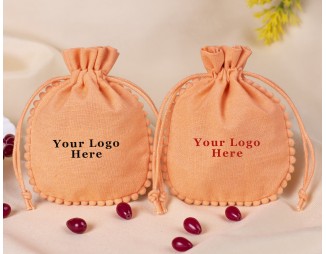 100 Light Orange Round PomPom Cotton Drawstring Pouches For Jewelry Packaging With Brand Logo Print, Designer Borders