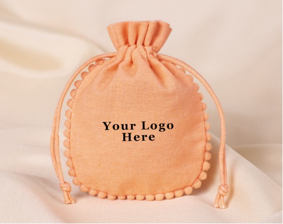 100 Light Orange Round PomPom Cotton Drawstring Pouches For Jewelry Packaging With Brand Logo Print, Designer Borders